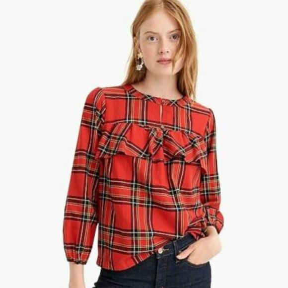 J. Crew Ruffle Popover Top in Festive Plaid - Picture 1 of 9